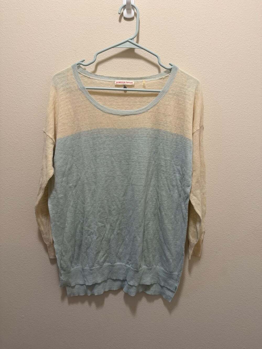 Rebecca Taylor Blue and Cream Colorblock Lightweight Crewneck Knit Sweater
